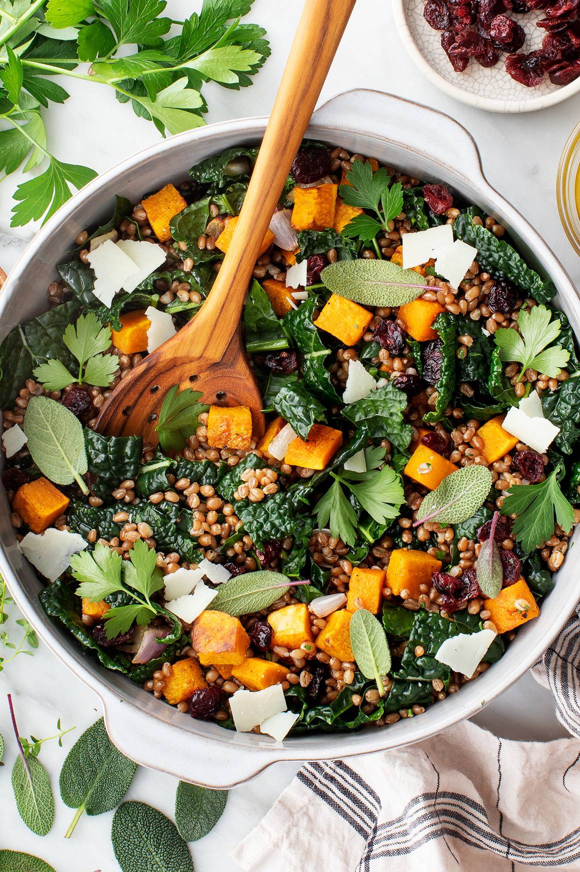 thanksgiving salad with butternut squash, kale, and wheat berries